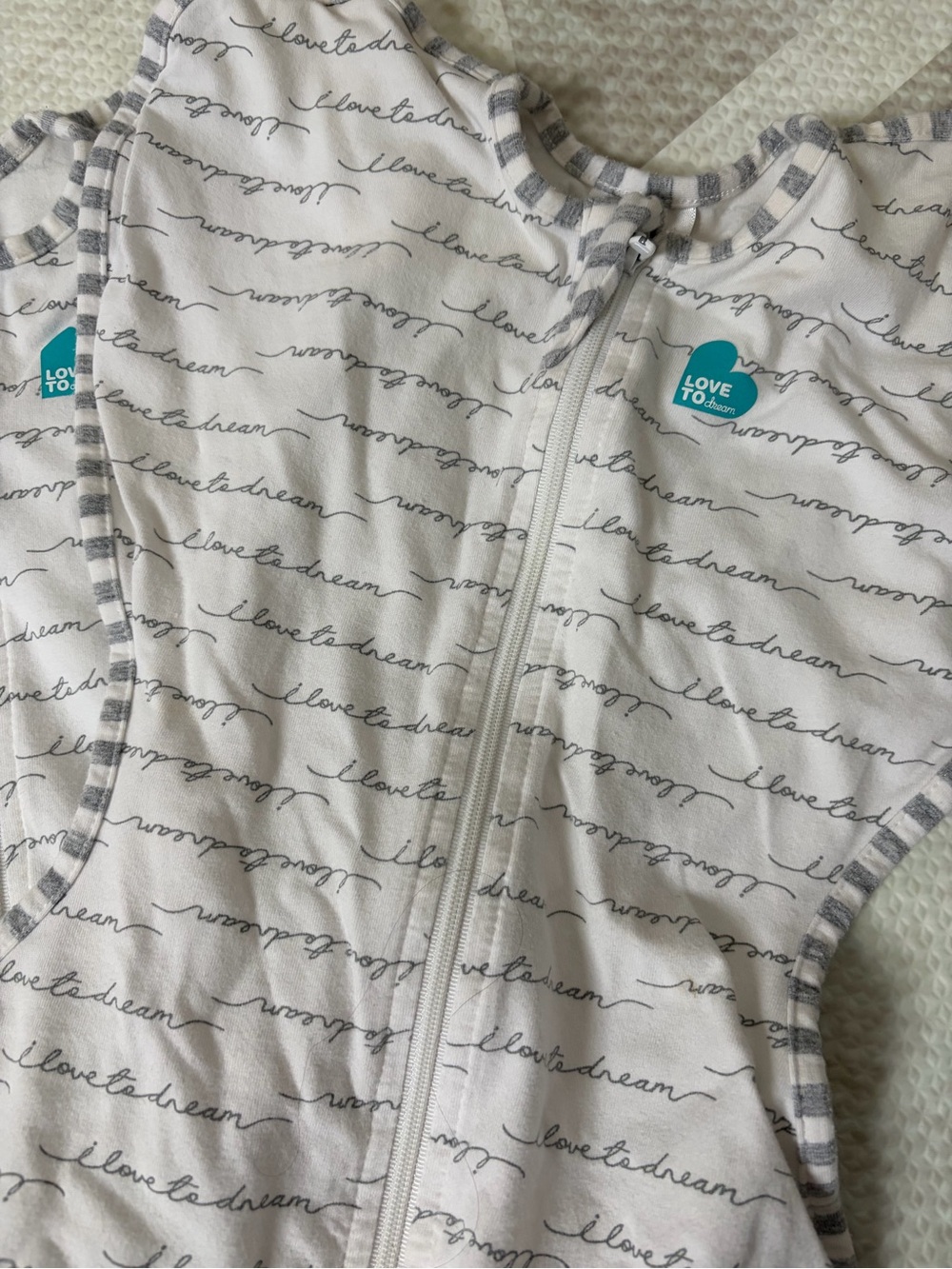 Love to Dream White Swaddle with Gray Script and Teal Heart